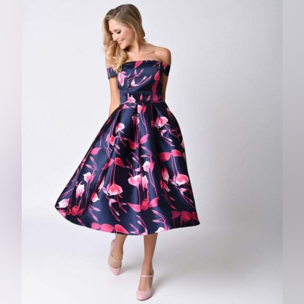 Unique Vintage Blue & Pink Floral Fit & Flare Mid Length Formal Dress - Medium